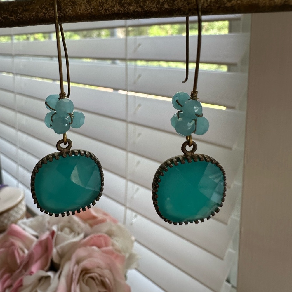 Turquoise Color Crystal Gold Tone Wire Drop Earrings
